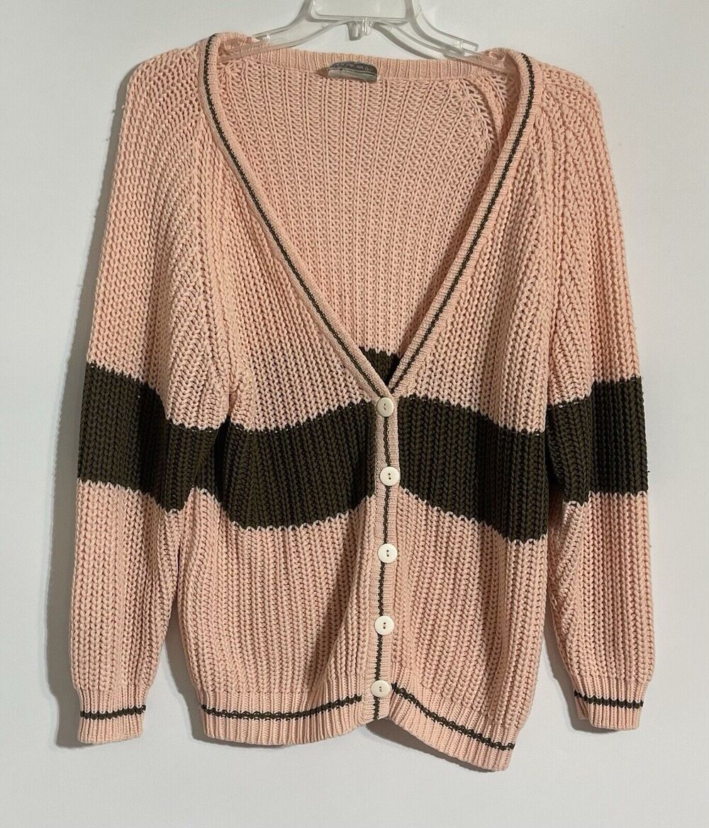 Vintage 80s Deb Cardigan Sweater M Chunky Knit Striped Grandpacore Preppy
